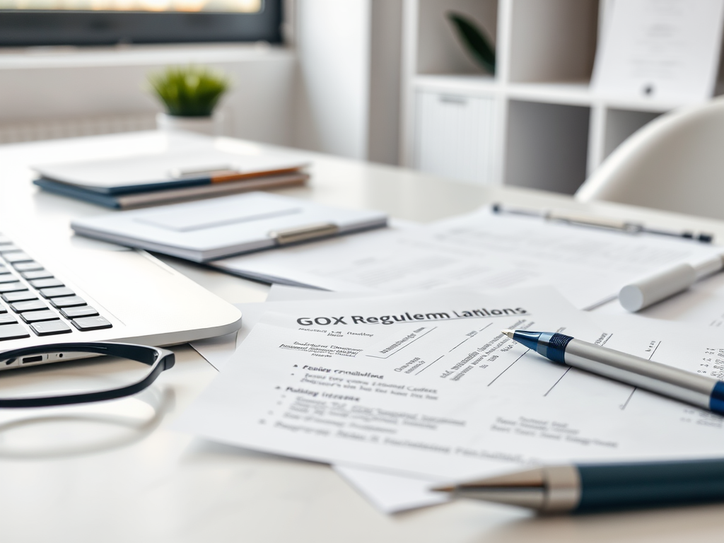 A workspace with a laptop, papers, pens, and glasses, featuring a document titled "GOX Regulem Lantions."