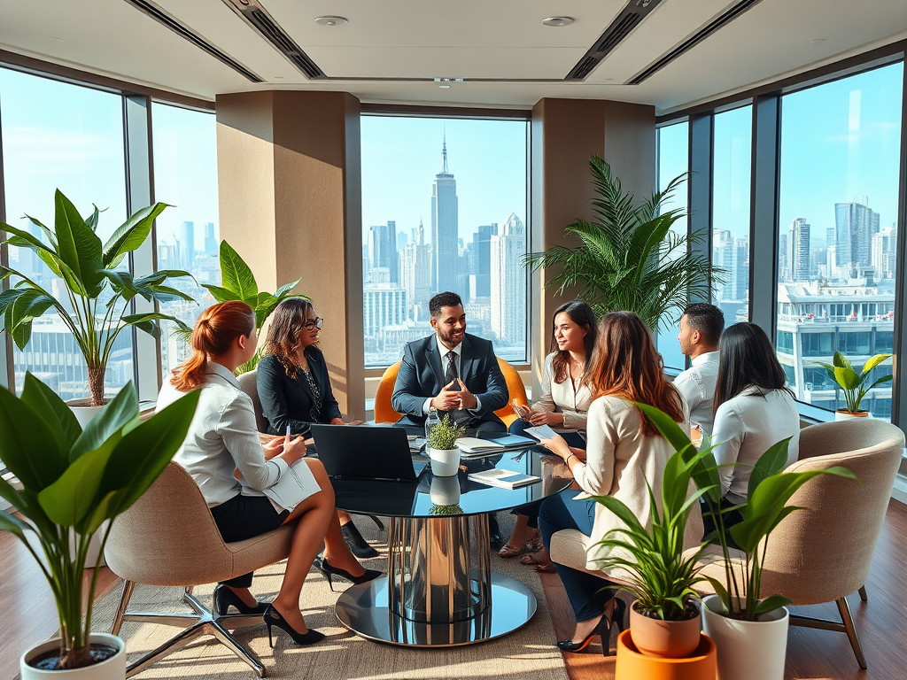 A diverse group of professionals in a modern meeting room with a city skyline view, engaged in discussion.